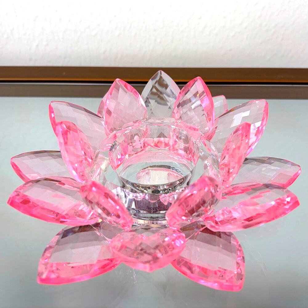 Sparking Cut Crystal Pink Glass LOTUS FLOWER Candle Holder - Picture 3 of 10